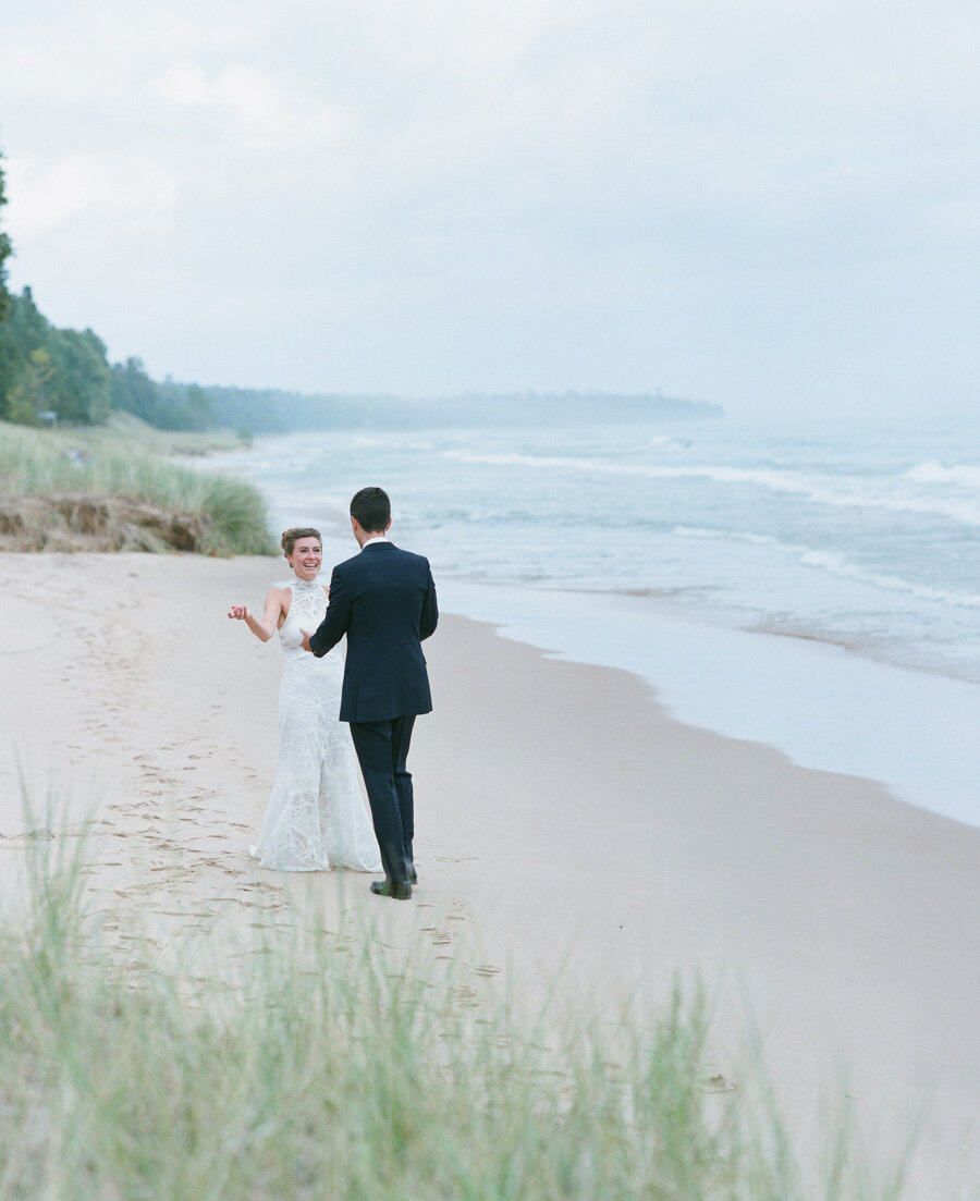 Bride and Groom first look on the dunes in Door County