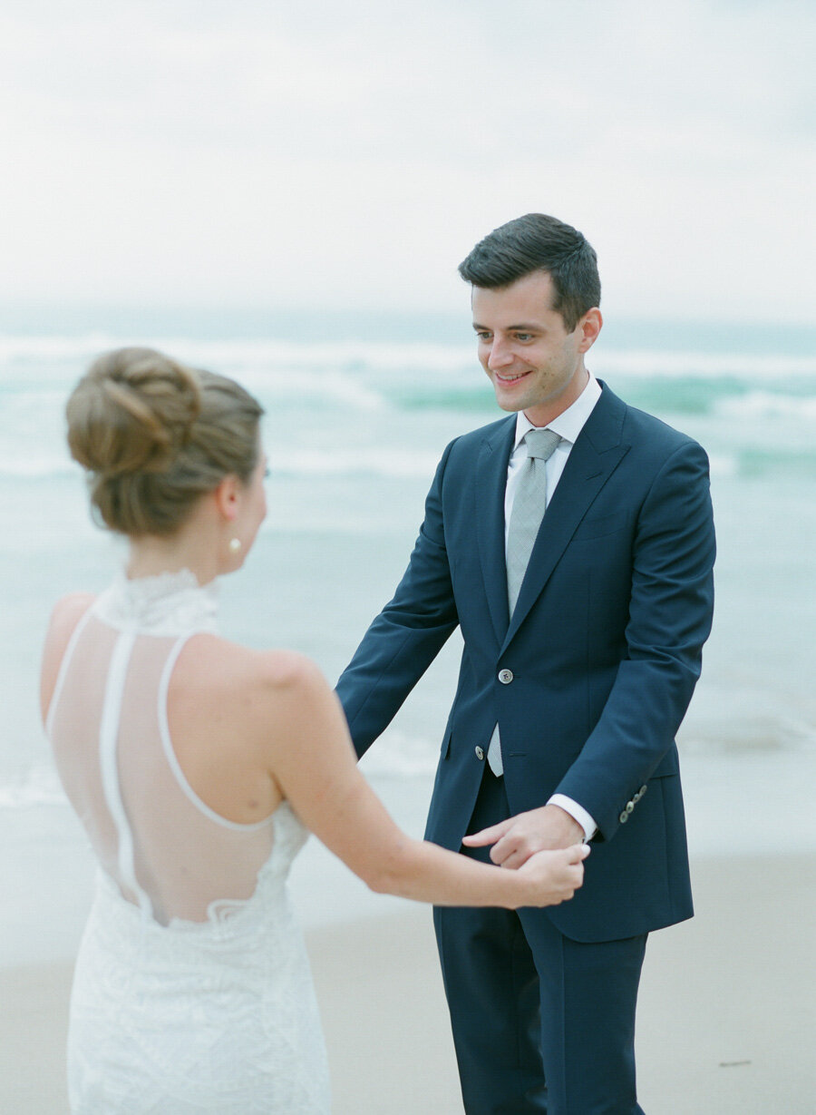 Bride and Groom first look on the dunes in Door County