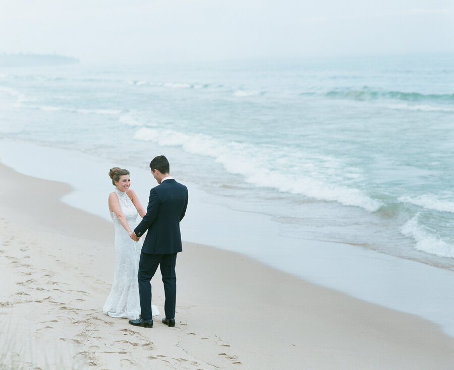 Bride and Groom first look on the dunes in Door County