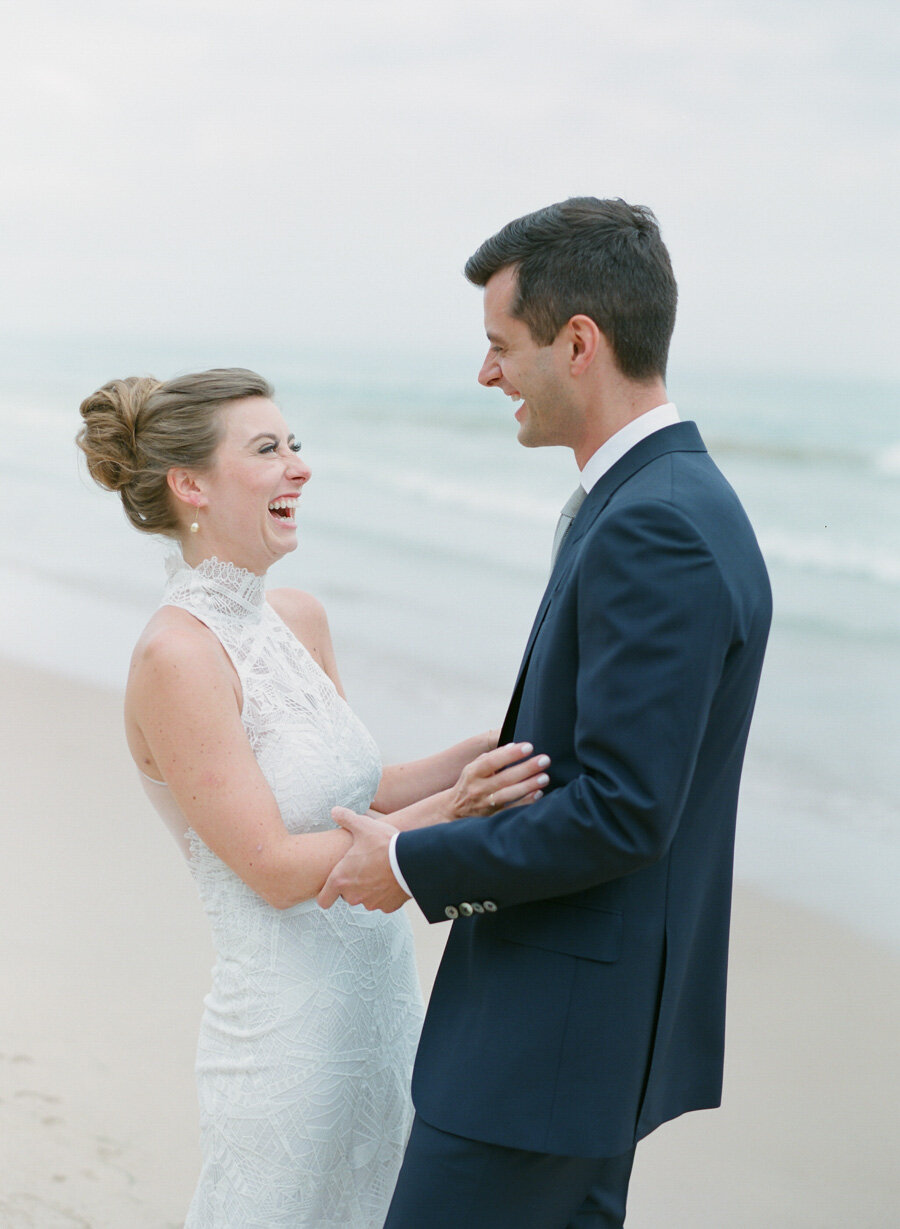 Bride and Groom first look on the dunes in Door County