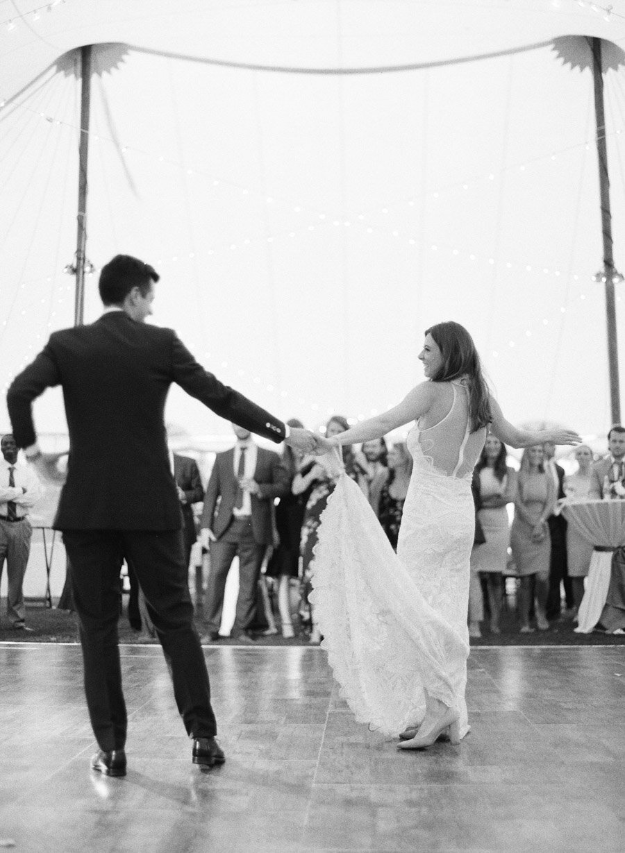 bride and groom first dance at horseshoe bay beach club