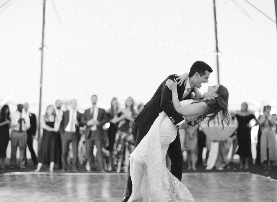 bride and groom first dance at horseshoe bay beach club