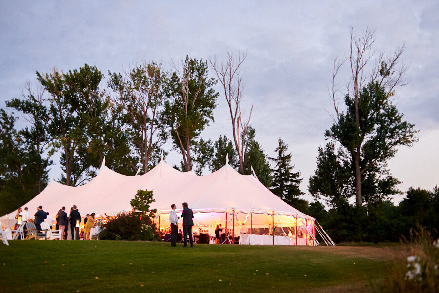 Sail cloth tented reception lit up in door county