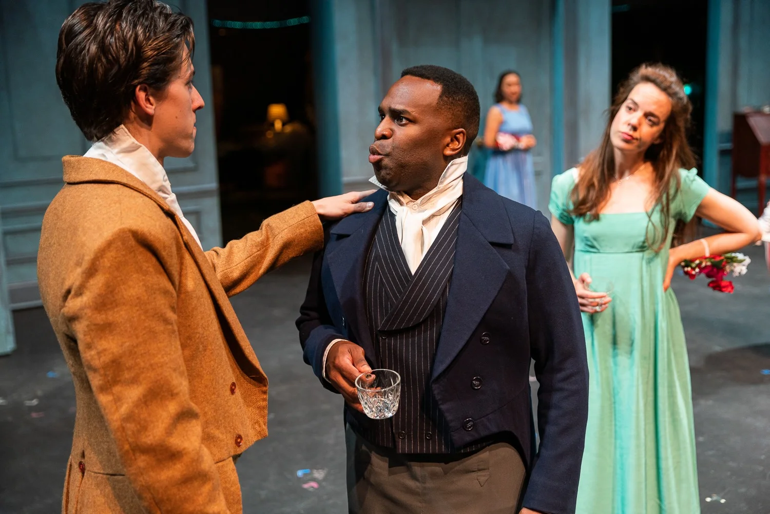 Louis Reyes McWilliams (Bingley), Omar Robinson (Darcy), Lydia Barnett-Mulligan (Lizzy). Photo by Nile Scott Studios