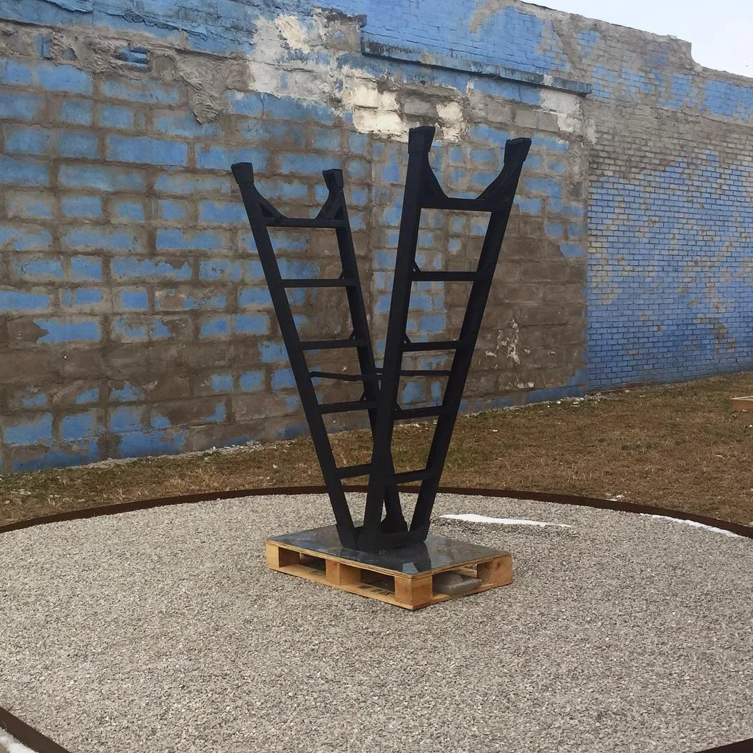 X (Equis), 2016 Matte black spray painted Werner 6 ft. Fiberglass Twin Step Ladder with 300 lb. Load Capacity and Type IA Duty Rating, acrylic mirror and recycled wood pallet.