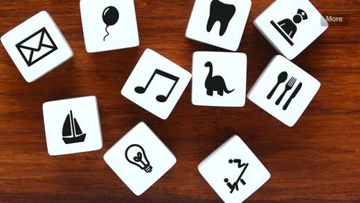 Screenshot from the StoryDice app. Create a story from the face-up icons.