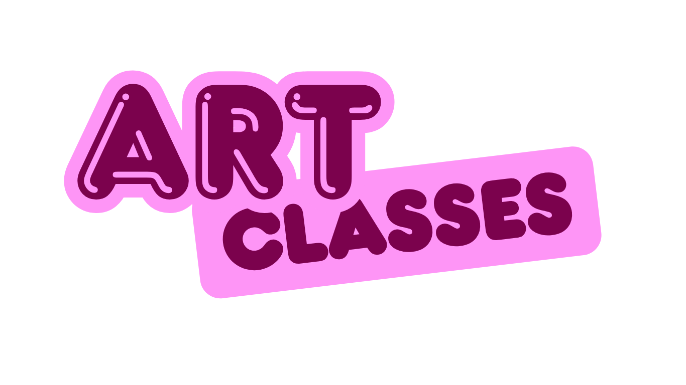"Art Classes" in a dark pink bubble font, outlined by a lighter pink color.