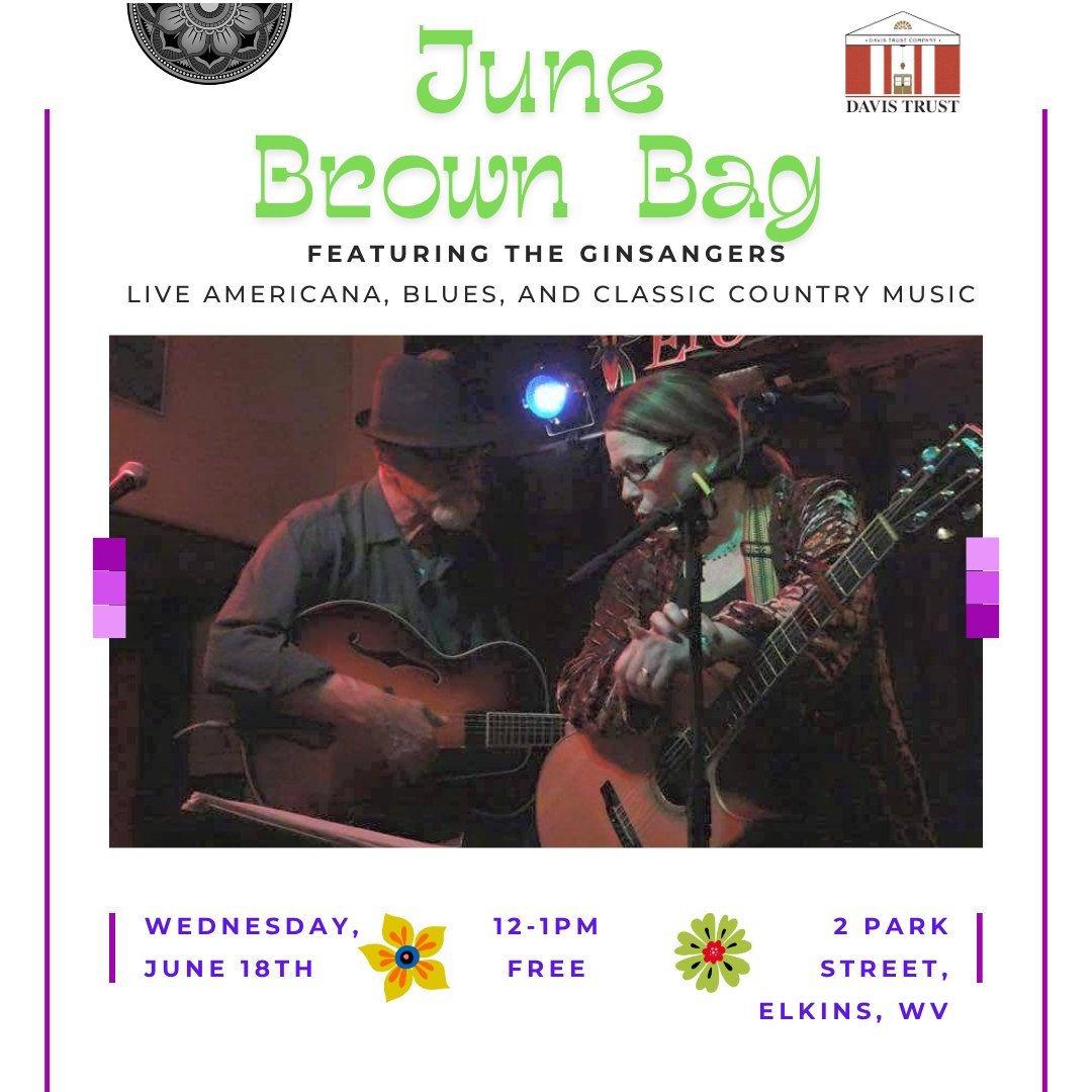 😆1 week away!😆
Our Brown Bag Concert Series is back for another wonderful performance; this month's show features The Ginsangers.
🎤 The local duo members, Connie Townsend and Dave Parker, have been performing for many years. They formed "T