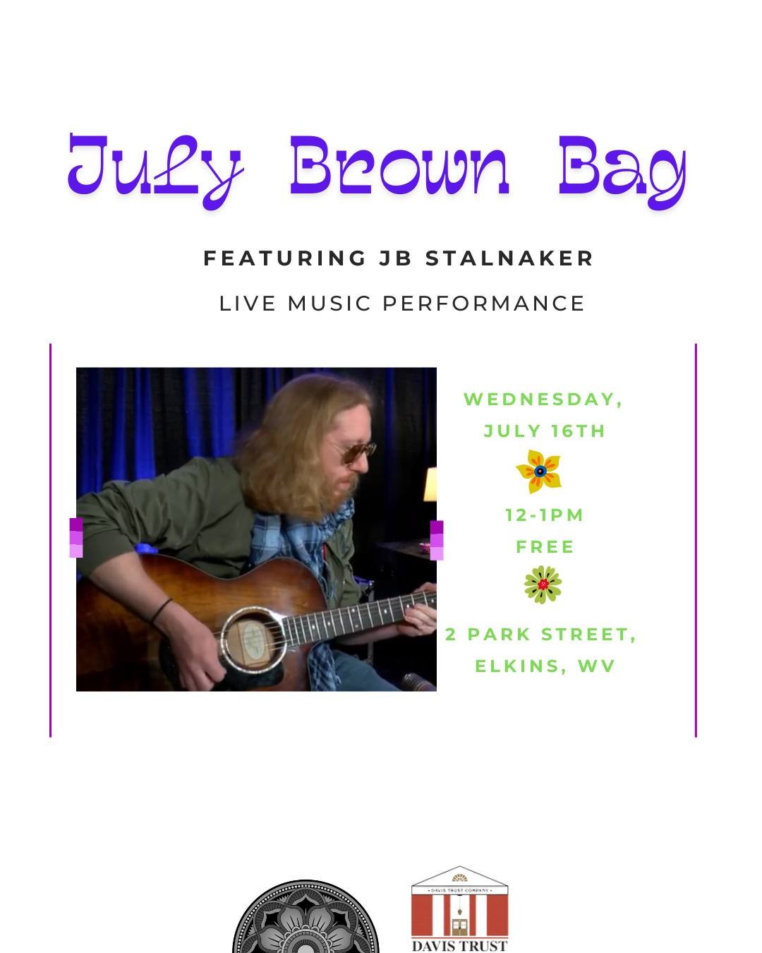🤩 1 week until our July Brown Bag Concert🤩
This month's Brown Bag is featuring JB Stalnaker, a local musician who enjoys playing a variety of songs and genres. We can't wait to hear him live!
Tell your friends, grab your lunch, and gather with us