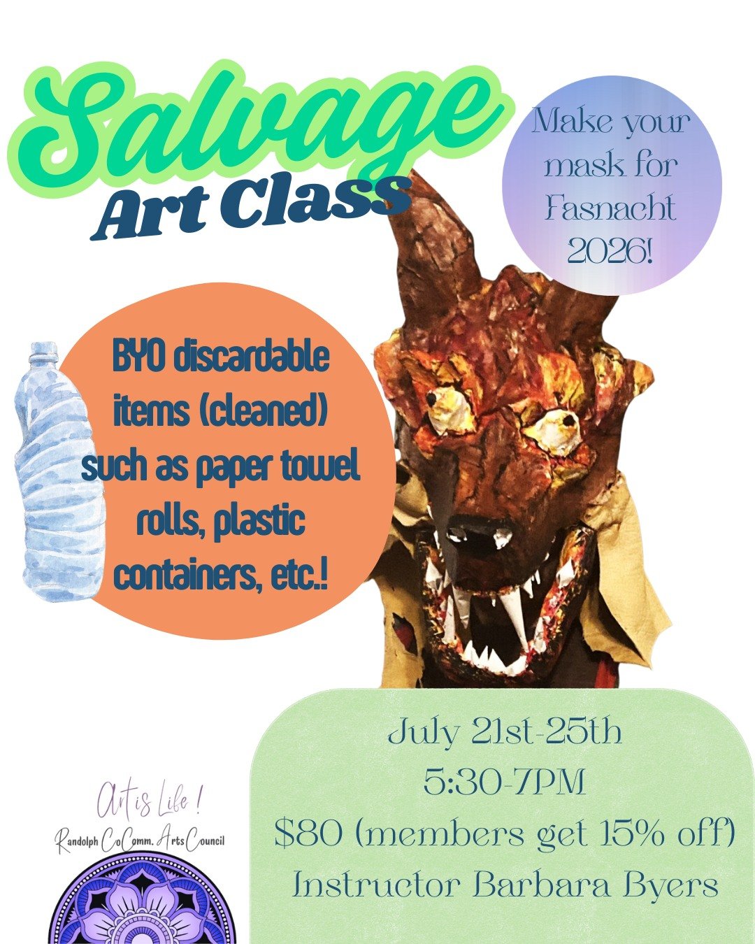 👀 Looking for a fun & sustainable art class? We've got just the class for you!😉
Join instructor, Barbara Byers, for a guided week-long class about all things salvage art!
Salvage Art class is all about recycling our everyday discarded items