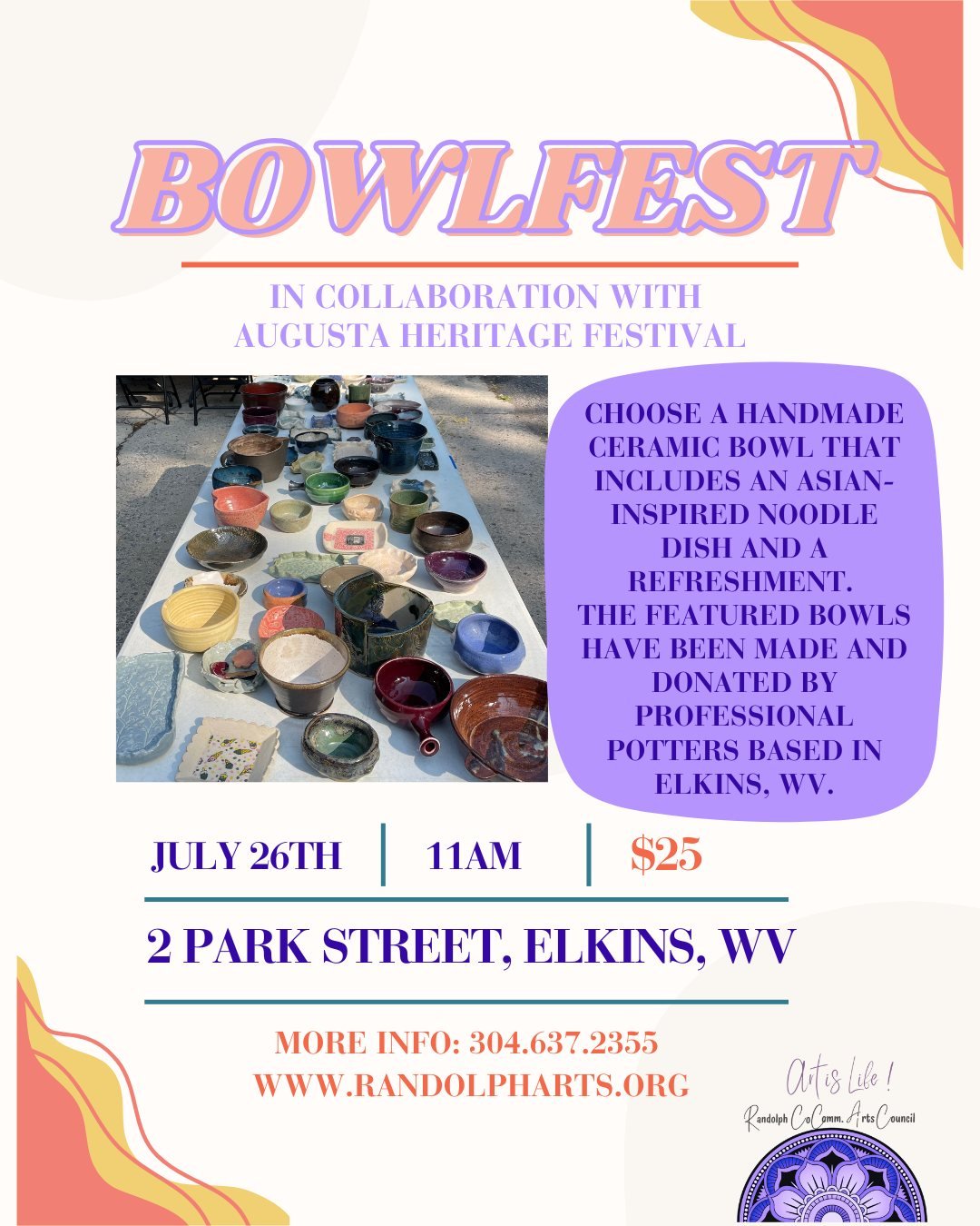 🚨Just a reminder; BowlFest is 2 WEEKS away! 🤩
Join us for our annual BowlFest, a fundraiser that helps us cover the cost of supplies, maintenance, and other necessities for our Pottery Studio. This year, we switched it up a little by inviting prof