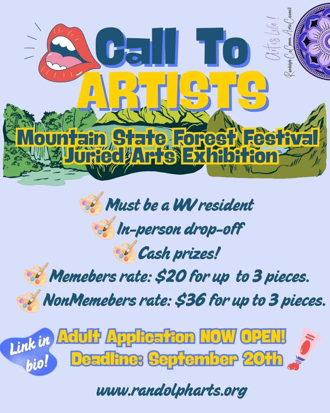 🎪🎨 It may only be July, but the Mountain State Forest Festival will be here before you know it!🎡 🎨
🤩We are thrilled to announce that the MSFF Juried Fall Arts Exhibition is back for another wonderful year at The Arts Center in Elkins, WV!
🎨