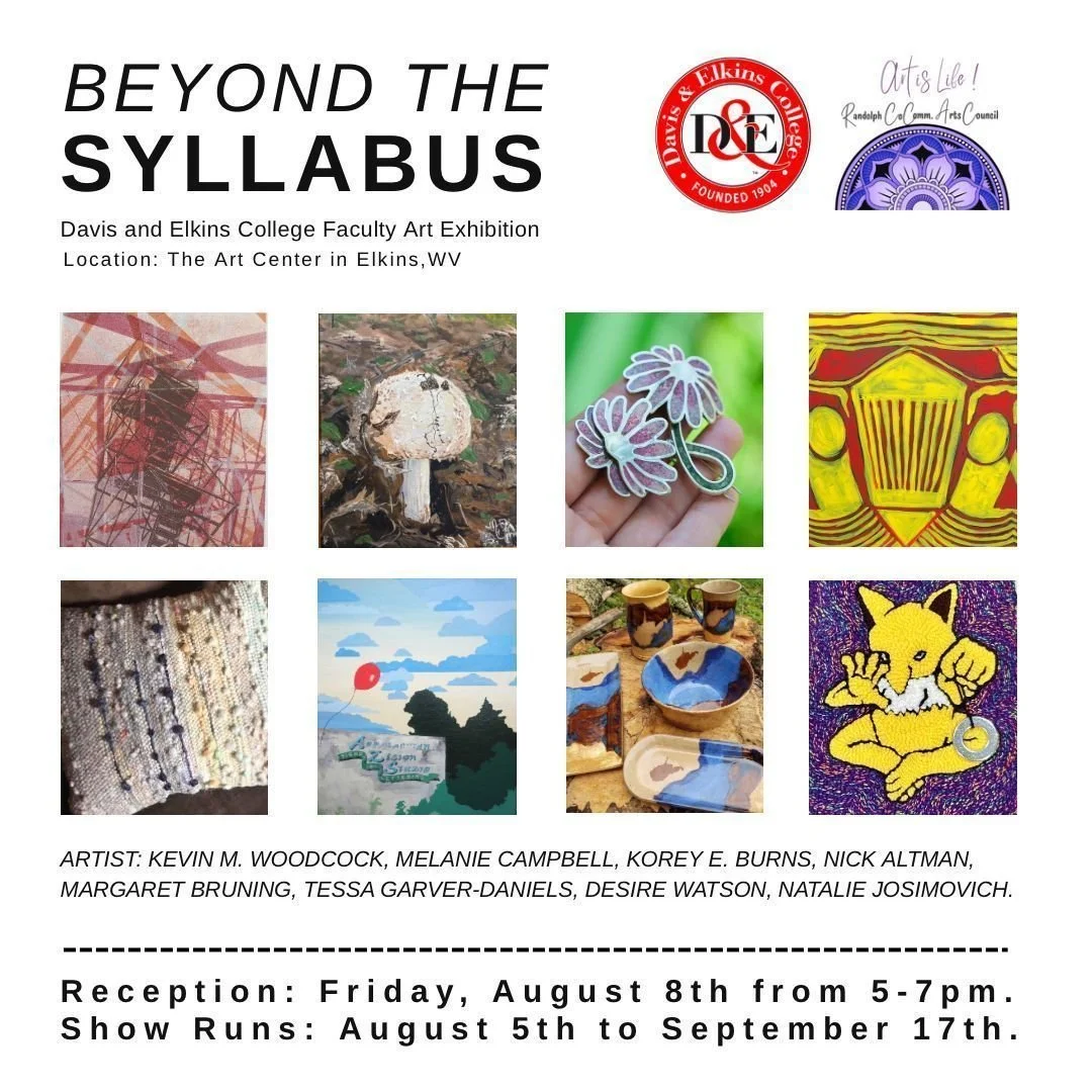 🎉🖼️ One week from today... celebrate our latest exhibitions with us! 🖼️🎉
🔴 "Beyond the Syllabus," Davis & Elkins College Faculty Art Exhibition features artwork from D&E faculty members: Kevin Woodcock (@woodcockproductions),