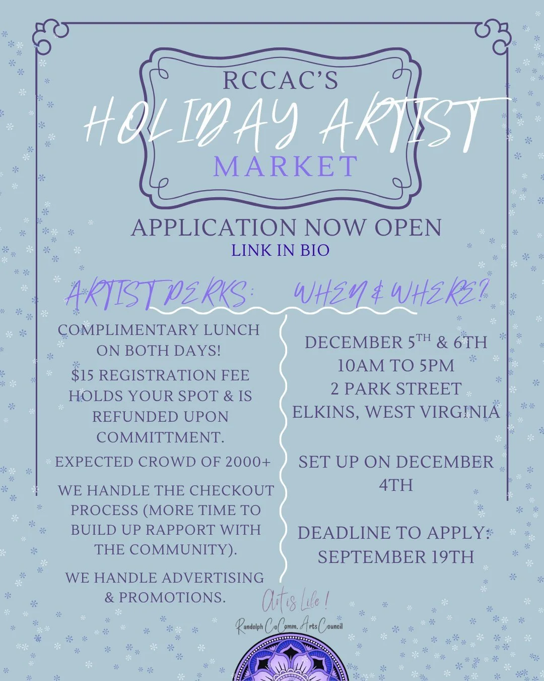 🗣️ Hear ye hear ye, Artists near & far, we invite yee to join us for our 22nd Annual Holiday Artist Market!🎄
🤩 The application to be a vendor at the Arts Centers' 22nd Annual Holiday Artist Market is now open! We are pumped for another marke
