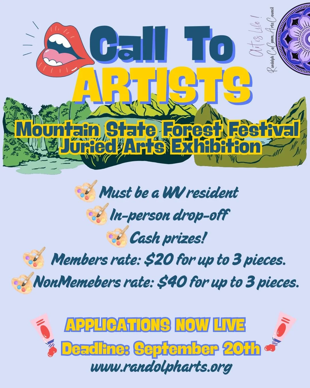 ✨⏱️ TIME IS TICKING BY... DON'T FORGET TO APPLY (to the Mountain State Forest Festival Juried Fall Arts Exhibition)! ⏱️✨
🤗 We always say, "good things take time... and lots of planning." Even though the Mountain State Forest Festival may