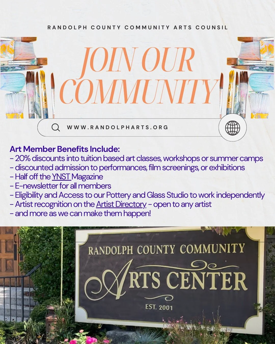 At the arts center, we believe that the arts have the power to inspire creativity, bring people together, and strengthen our community. By becoming a member, you are not just supporting programs-- you're a part of our mission of making the arts acces