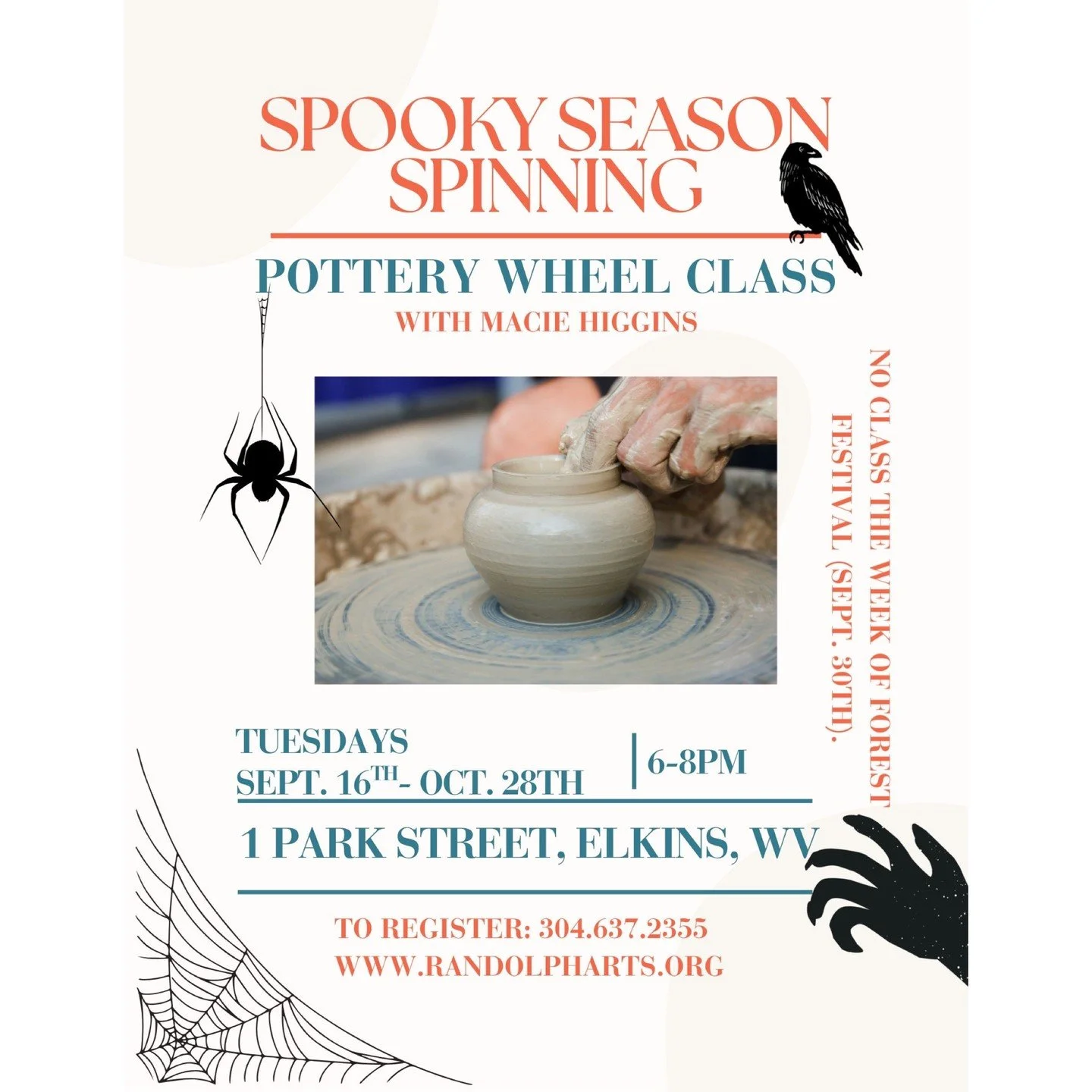 🍁 It's FALL y'all! That means Spooky Season is here, and Macie is ready to kick-it-off with a Spooky Season Spinning, adult wheel pottery class!🍁
Beginners, professionals - all skill levels are welcome to join Macie on the wheel. Get your hands
