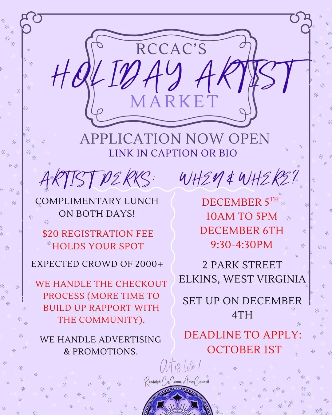 🚨 REMINDER & MINOR CHANGES🚨
🤩 The application to be a vendor at the Arts Centers' 22nd Annual Holiday Artist Market is now open! We are pumped for another market full of handmade-art-goodies, created by professional artists.
🧑🎨 Perks for