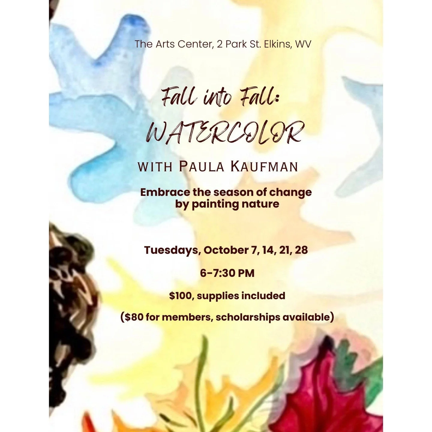 🍁 "Fall into Fall Watercolors" with instructor Paula Kaufman! 🖌️🎨
✨ Discover the magic of watercolor this fall! Whether you’re picking up a brush for the first time or you’ve painted for, this class will guide you through c