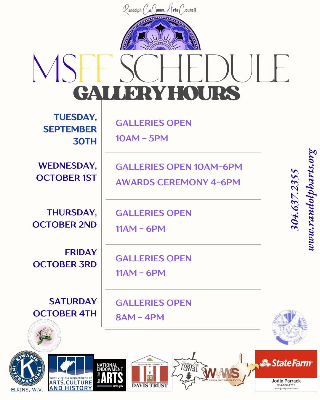 🎡 🍁 The Mountain State Forest Festival is right around the corner!🎡🍁
Here is an updated schedule for this years' Mountain State Forest Festival Juried Arts Exhibition at the Arts Center! 🎨
👀 We added an additional day to the calendar this y