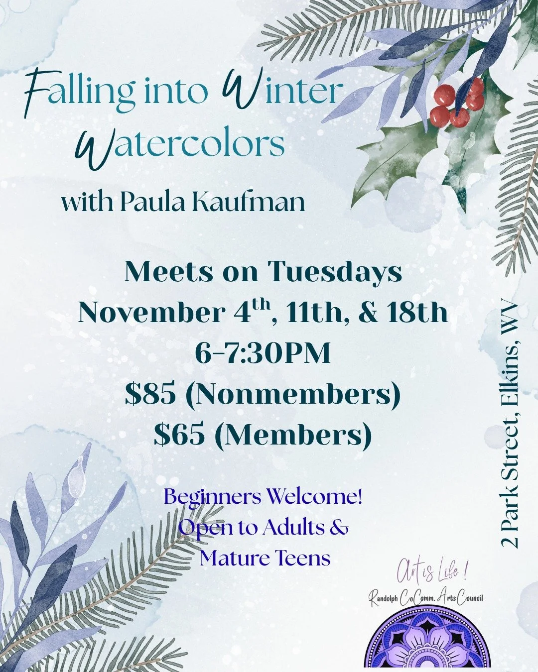 ❄️ Looking for a way to decompress before the Holidays? We've got you covered!🎨 
Falling into Winter Watercolors with Paula Kaufman is the perfect class to relax, learn, and flex your creative muscles!🧠 💪 
☃️ 🖌️This versatile watercolor class i
