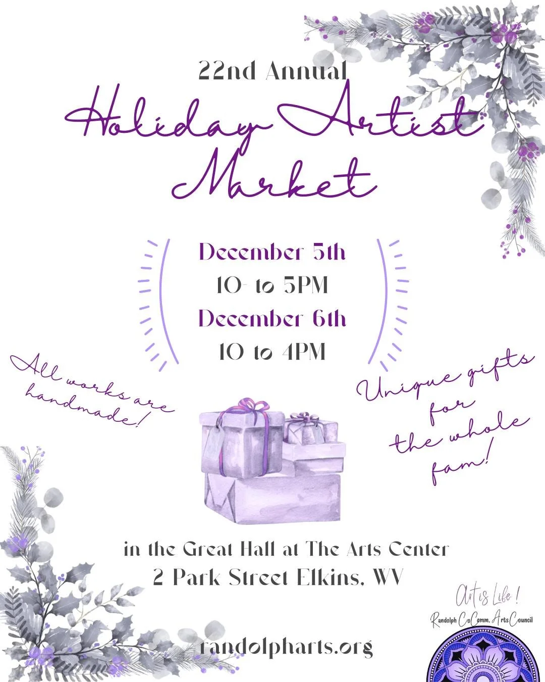 🔔🎄 Sleigh bells ring... do we have your attention?🎄🔔 
Mark your calendars for the 22nd Annual Holiday Artist Market at The Arts Center! 📆 
The Holiday Artist Market holds a special place in our hearts (and programming). It is a time for communi