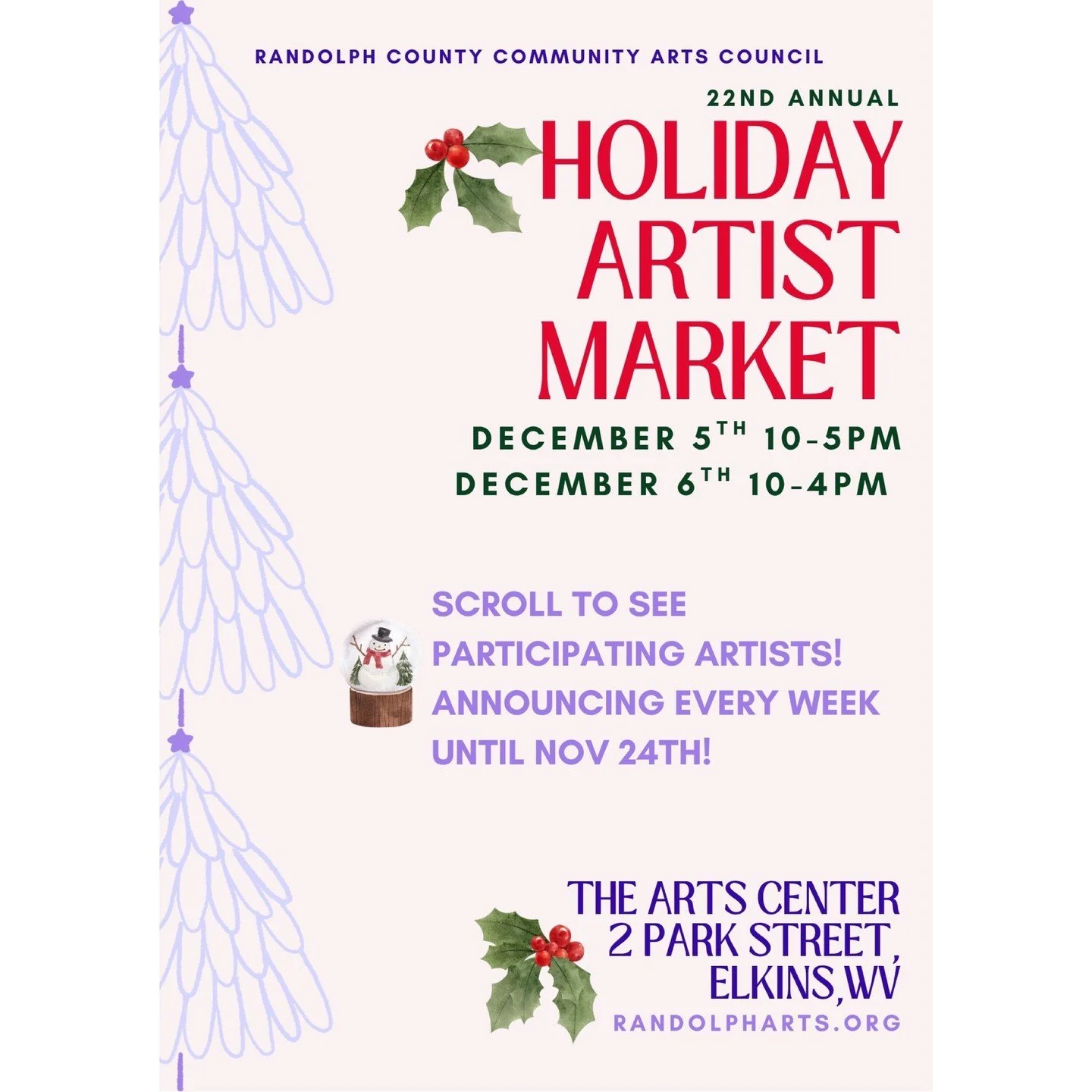 🥁*drum roll please*🥁 The Arts Center welcomes back Elkins-based, multidisciplinary artist, Paula Kaufman (@paulakaufmandesigns) for the 22nd Annual Holiday Artist Market! 🎄🎨

Paula Kaufman is a painter, writer and educator in Elkins, West Virgini
