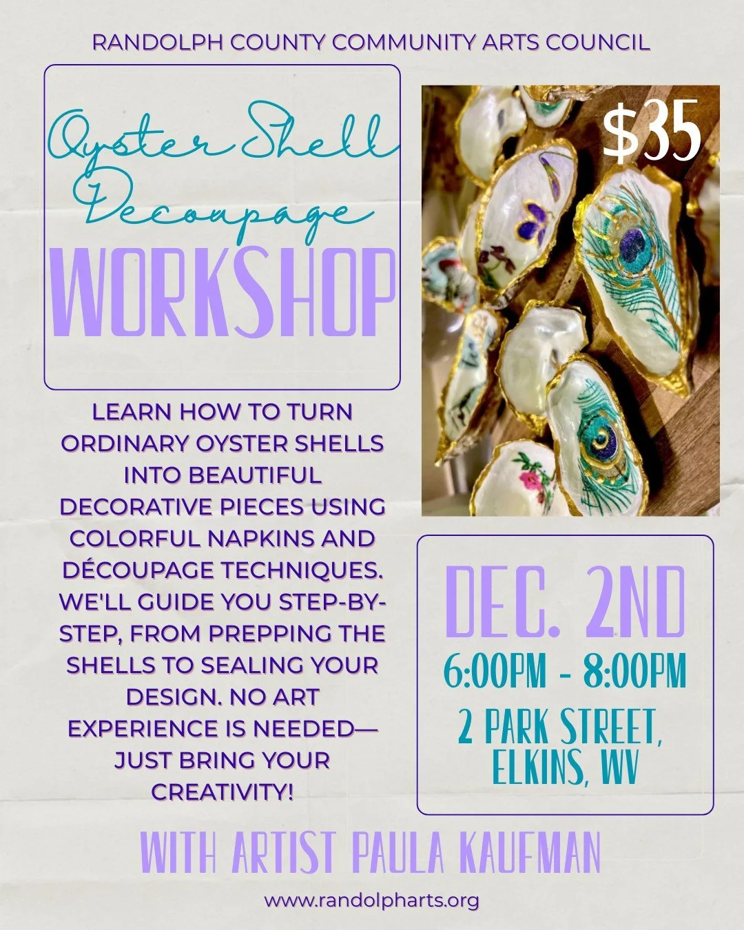 🌍🦪The world is your oyster here at The Arts Center! 🌍🦪 

Join artist, Paula Kaufman, for an Oyster Shell Decoupage Workshop on December 2nd, from 6-8PM. Adults &amp; Mature Teens welcome! Cost: $35 (no members discount). 

In this hands-on worksh