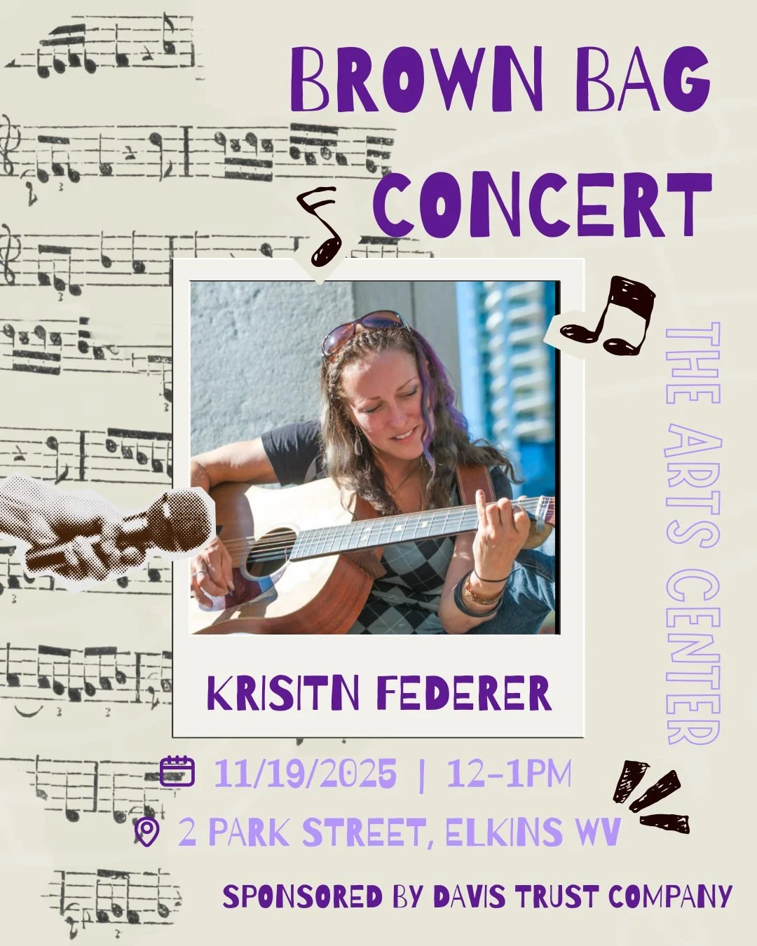 ✨ November Brown Bag Concert featuring Kristin Federer ✨ 
Gather with us on November 19th in the Great Hall to hear Kristin Federer perform live! 

🎶 Doors open at 11:30, the show kicks off at 12 and wraps up at 1. 
😁 Admission is free, everyone sa