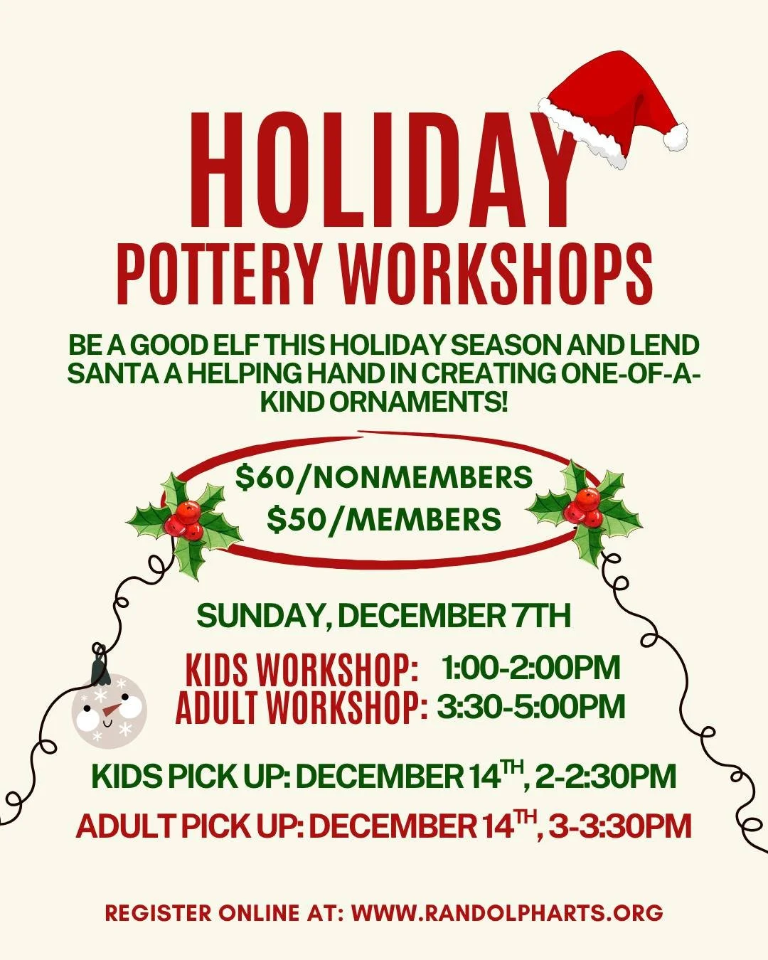 Why buy an ornament, when you can create your own? 👀 🎨 

✨ Join pottery pro, Macie Higgins, for her Santa's Ornament Workshops! There are two workshops, one for kiddos, one for adults. Art is more fun when you do it with the people you love! Invite