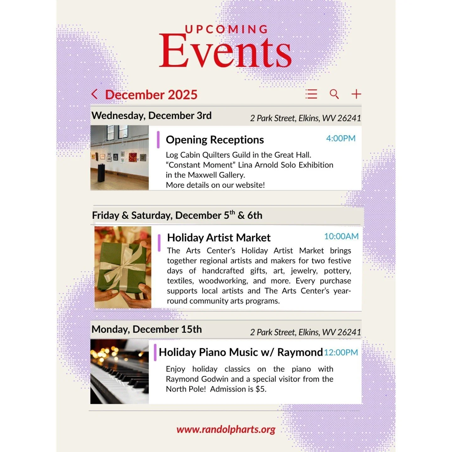 ❄️ Decem-brrr events at The Arts Center. Don't be a Scrooge-- warm your heart with the arts! 🎨❄️ 

✨ More details can be found on our website: www.randolpharts.org. ✨ 

#artselkins #decemberevents #artsprogramming #openingreception #artgallery #holi