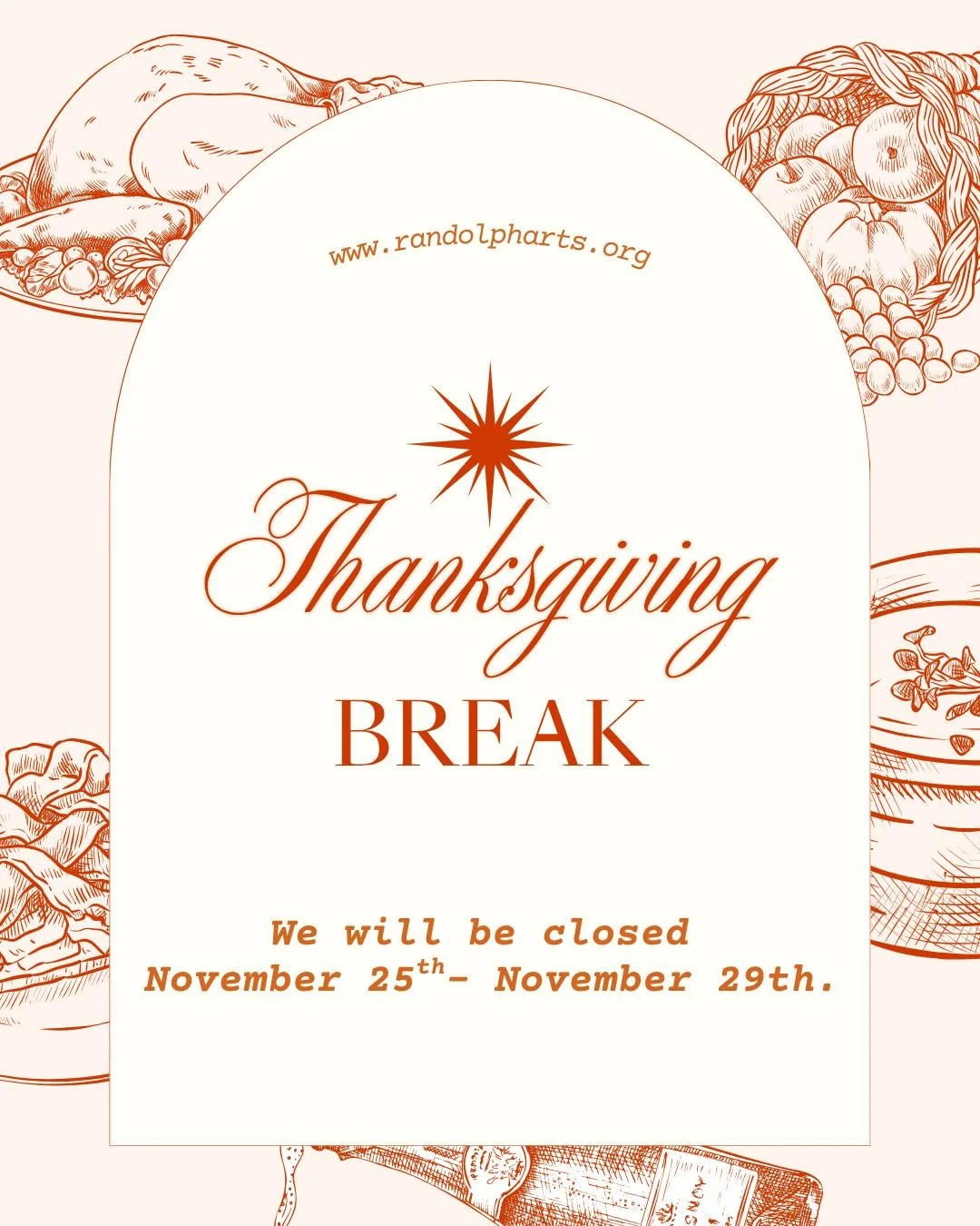 🚨 Important Notice🚨 

The Arts Center will be closed November 25th - November 29th for holiday break. We will re-open on Monday, December 1st to install our Winter Exhibitions. 

Happy Holidays from your friends at the Arts Center! 🦃 🥰