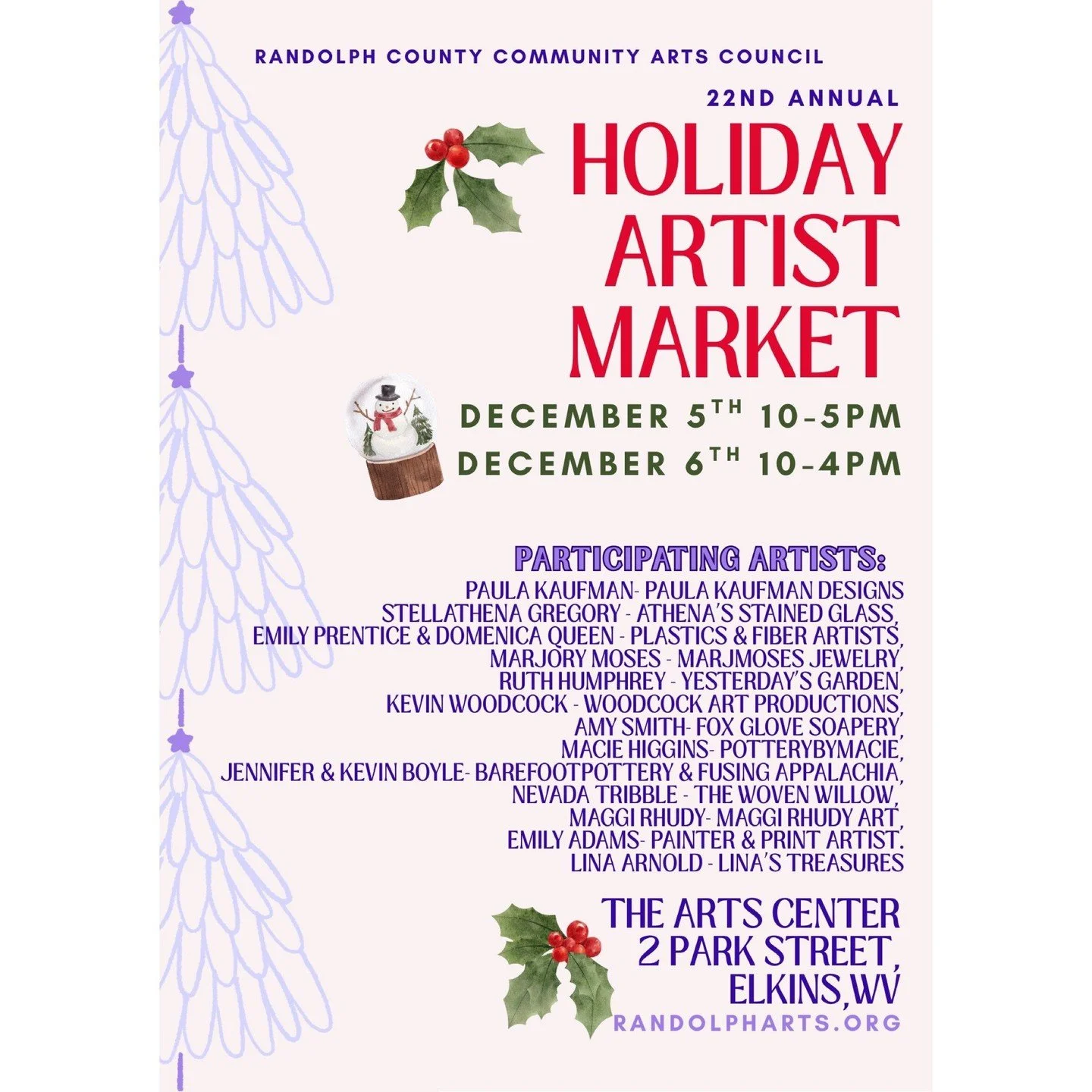 In need of some cheerful weekend plans? We've got you covered! 🤗🎄 

Join us for a festive weekend full of handmade arts created by local and regional artists! Every purchase made supports local arts-- the artists themselves and the Arts Centers' ye