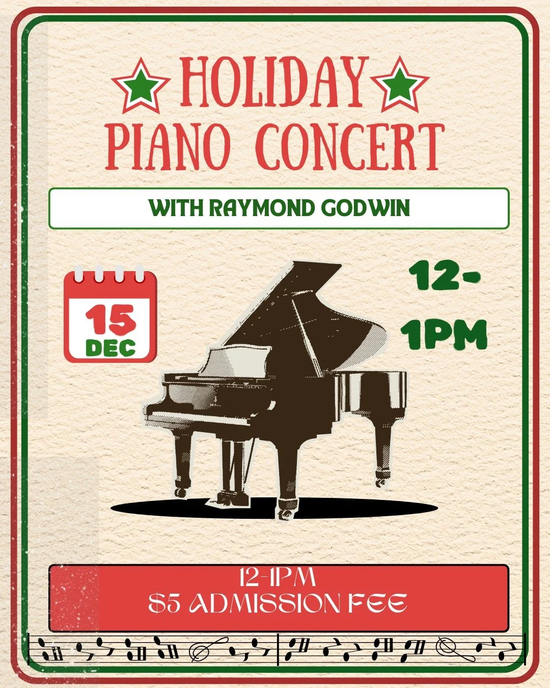 ✨ 🎹🎄One week away! 🎹🎄✨ 
Join us on Monday, December 15th, to hear Raymond Godwin play all of your favorite-holiday-classics on the piano! There may or may not be a surprise guest appearance from someone residing in the North Pole... you'll have t