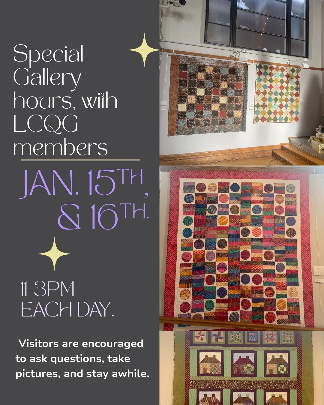 🎊Surprise, surprise: special gallery hours for the Log Cabin Quilters Guild Exhibition, with guild members as docents! 😮🎊 

Mark your calendars to stop by to ask guild members all of your best quilting questions! The Guild members are eager to sha