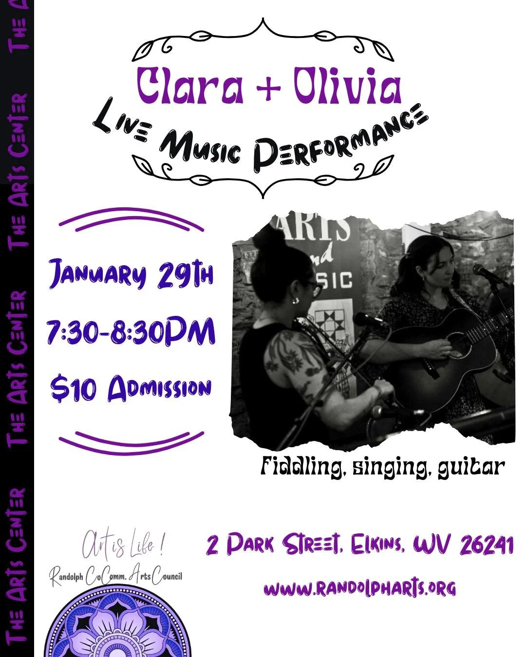 Don't let the cold keep you away from Clara + Olivia's concert! 🎻🎤🎶 

Clara Riedlinger is a singer and fiddler based in Rochester, NY. Olivia Perske is a singer and guitarist/bassist based in Elkins, WV. According to family legend, they both sang 