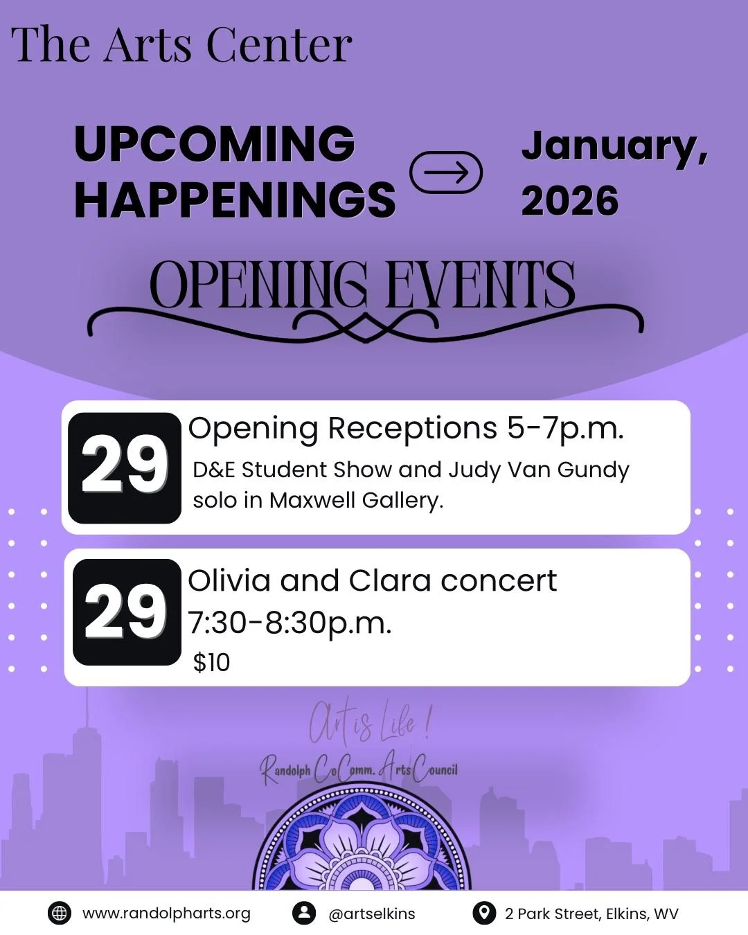 🚨 Reminder: TOMORROW is the day! ✨ 

 🎨 Spend your Thursday evening celebrating the arts of Elkins with us! To start off the evening, at 5PM the opening receptions for 2 new exhibitions will begin. The Davis and Elkins College Student Arts Exhibiti