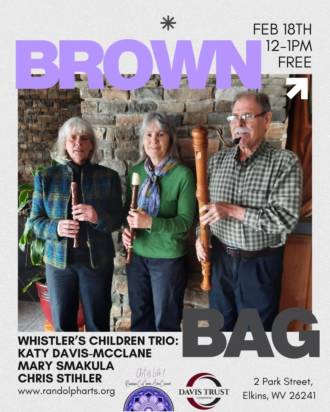 Reminder that tomorrow is our February Brown Bag ft. Whistler's Children!

Whistler's Children is a recorder trio featuring Katy McClane on Soprano Recorder/Mary Smakula on Alto Recorder/ Craig Stihler on Bass Recorder. 
This concert will feature Ren