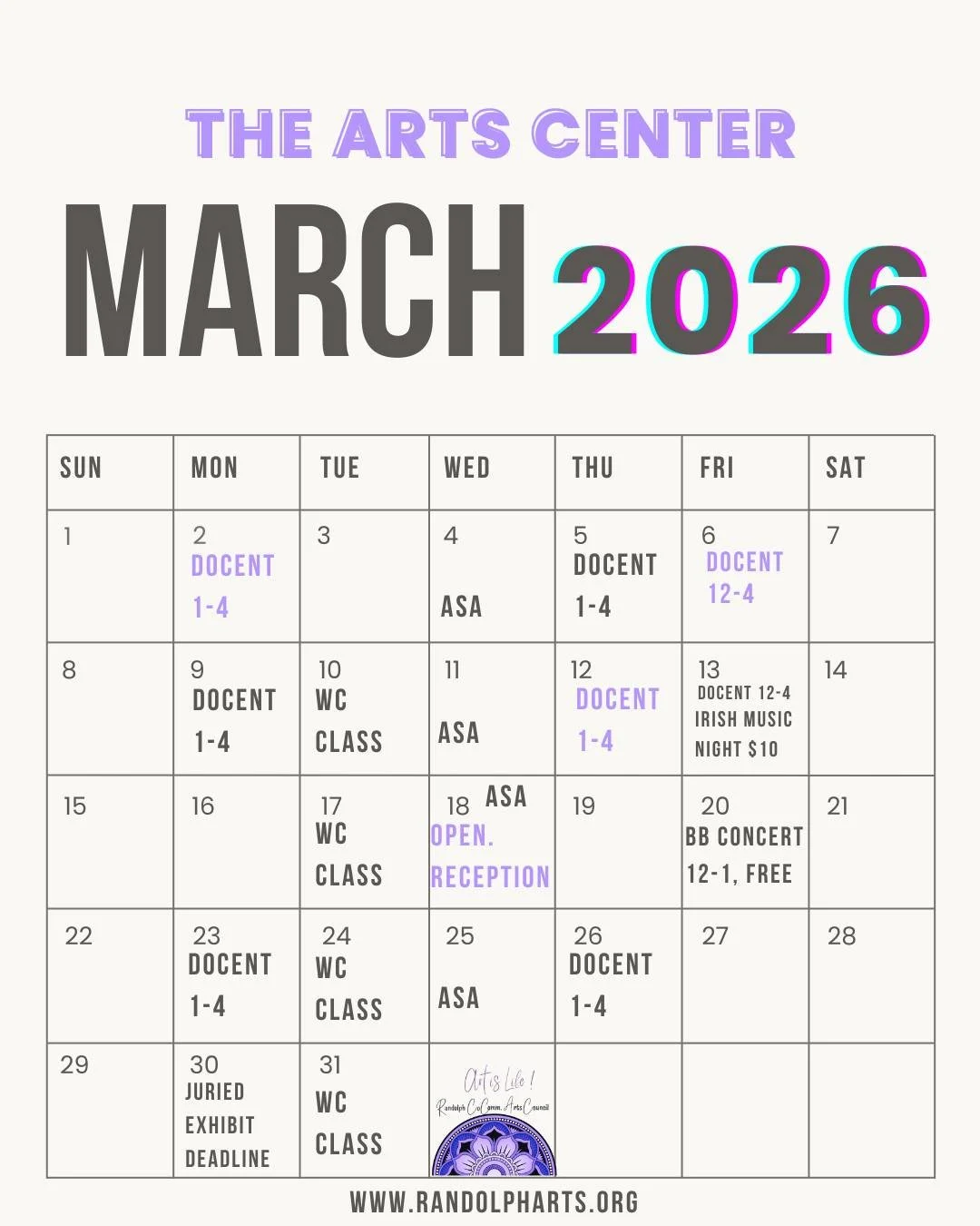☘️MARCH-ing ahead: March 2026 Schedule! 📆 ✍️ 

 Mark your calendar: classes, exhibitions, docents and concerts await. We hope that you will join us in uplifting and celebrating the arts in our community. 🖼️ ✨️ 

🚨 We are looking to expand our doce