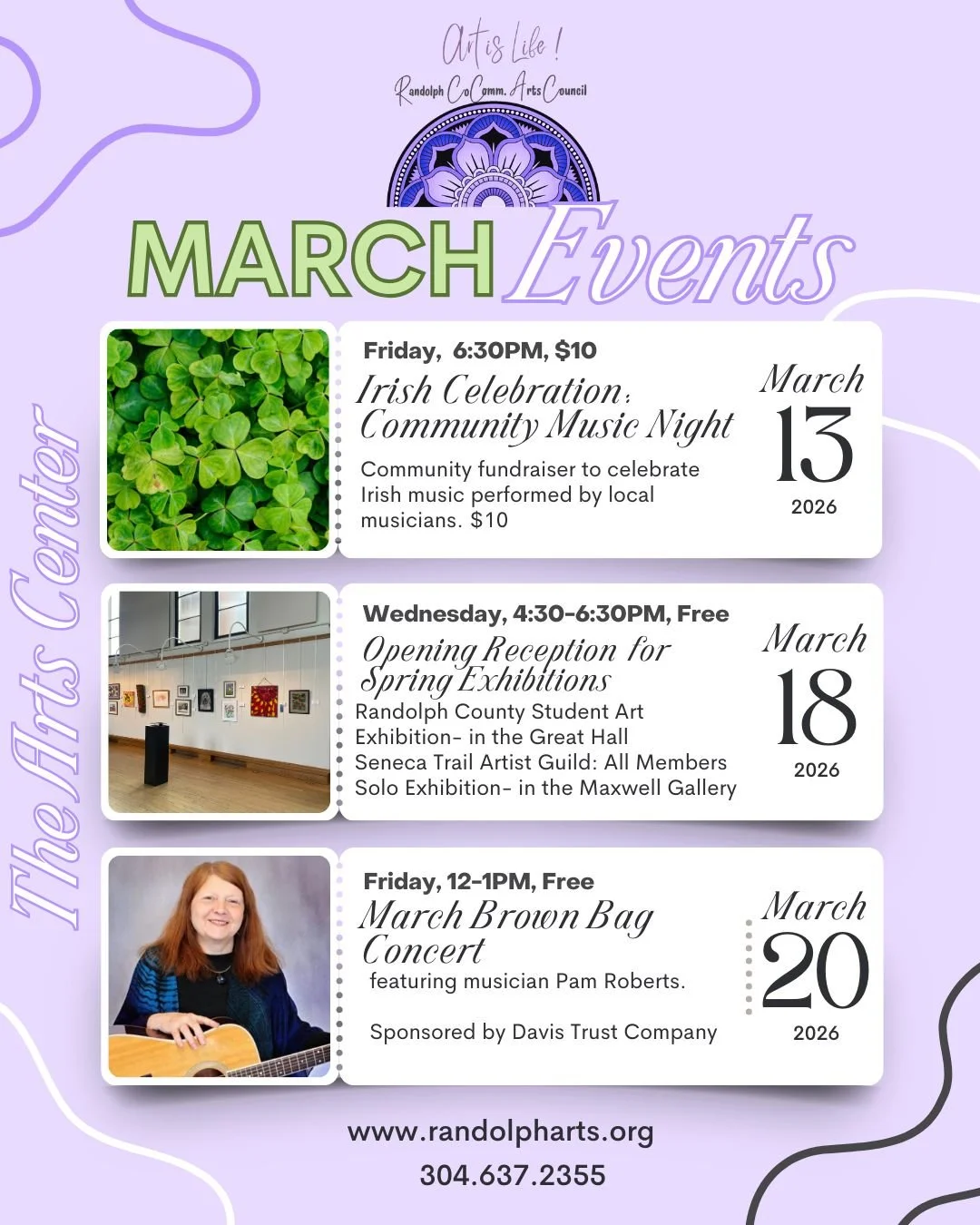 Mark(ch) your calendars; our first event in March is just 4 days away! 📆🎨✨️ 
 
🍀  Irish Celebration: Community Music Night! Music starts at 6:30, $10 at the door.
🖼️ Opening Receptions for Spring Exhibitions! From 4:30-6:30pm, free to attend. 
🎶