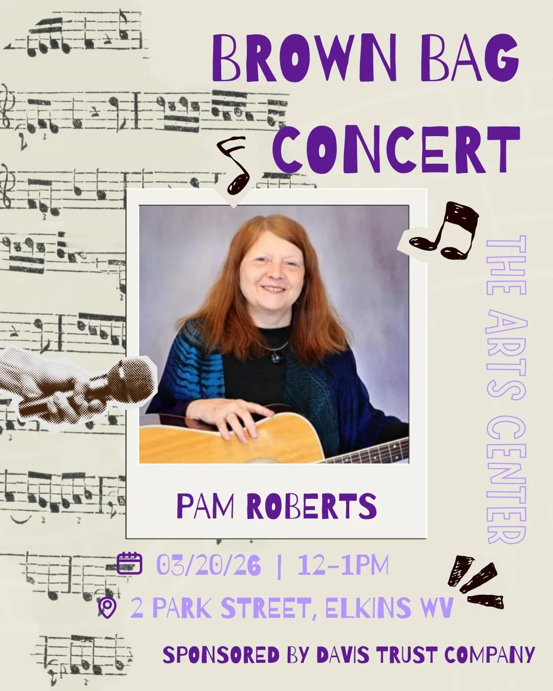 🍀🌸 MARCH your way to our Brown Bag Concert ft. Pam Roberts! 🎶 

 Pam is a guitarist, singer, and songwriter who resides in Elkins, WV. She&rsquo;s been playing and performing for many years in such groups as Blues Fuse, The Elktones, Pam Roberts T