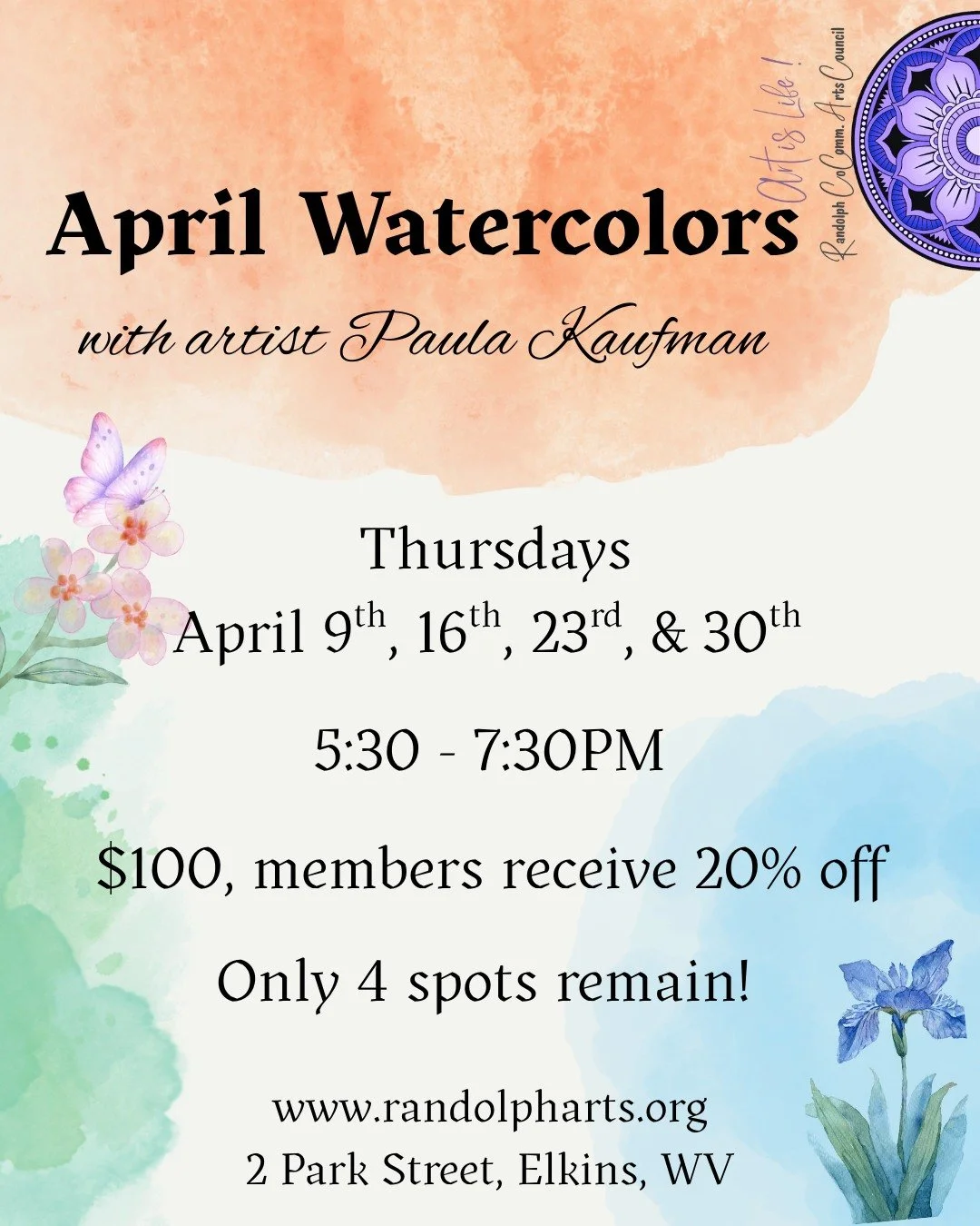 👀 Curious about Watercolors? Looking for a way through the impending April showers? Look no further! 🌸🎨

Join artist, Paula Kaufman, in this 4-week, beginner friendly watercolors course. Each week, Paula will guide students through painting season