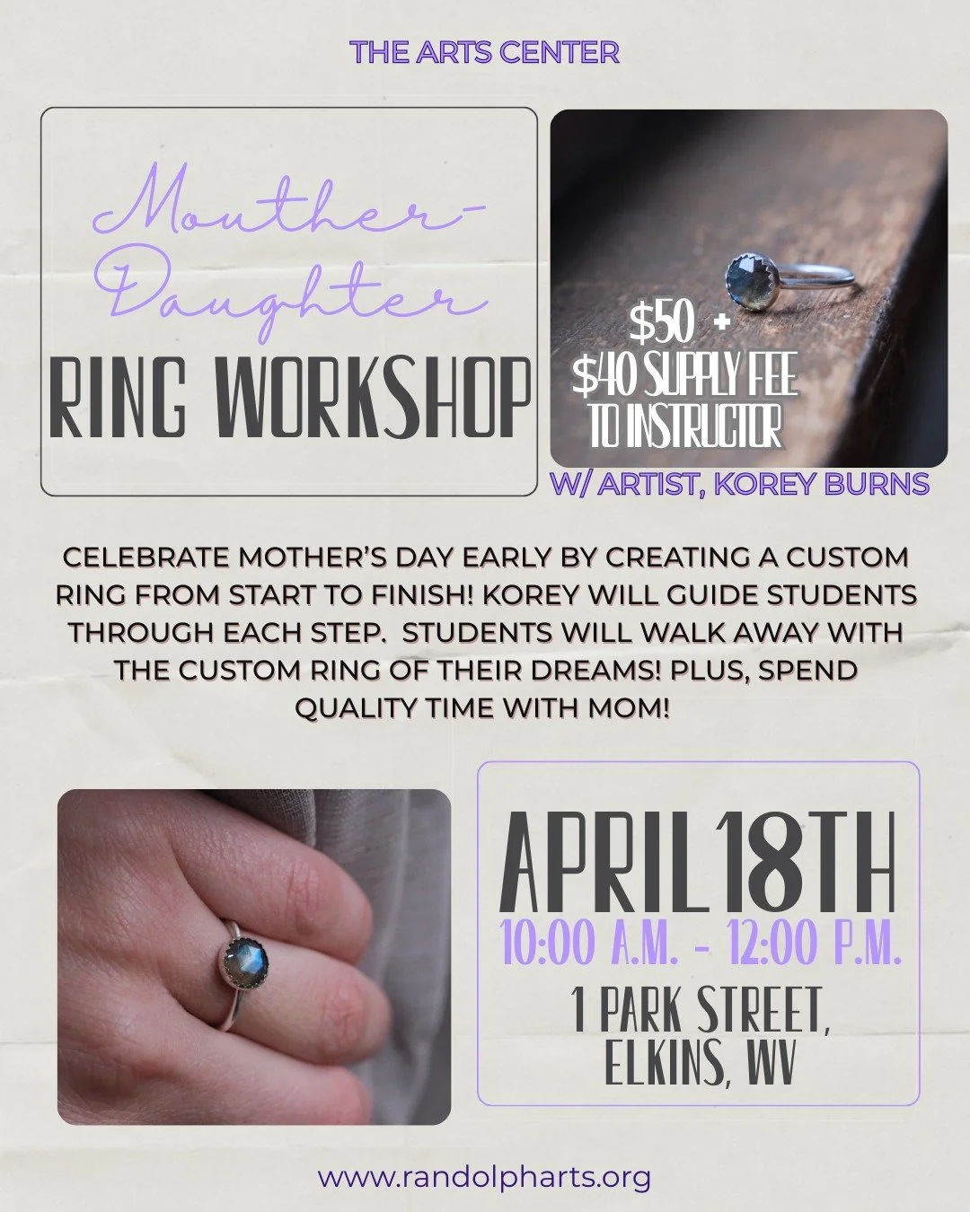 💍 Celebrate Mother's Day (a little early) in a Mother + Daughter Ring Workshop with artist Korey Burns! 🎨 

👀 What to expect: Mother-Daughter duos will create a custom ring from start to finish. Korey will guide students through each step, from me