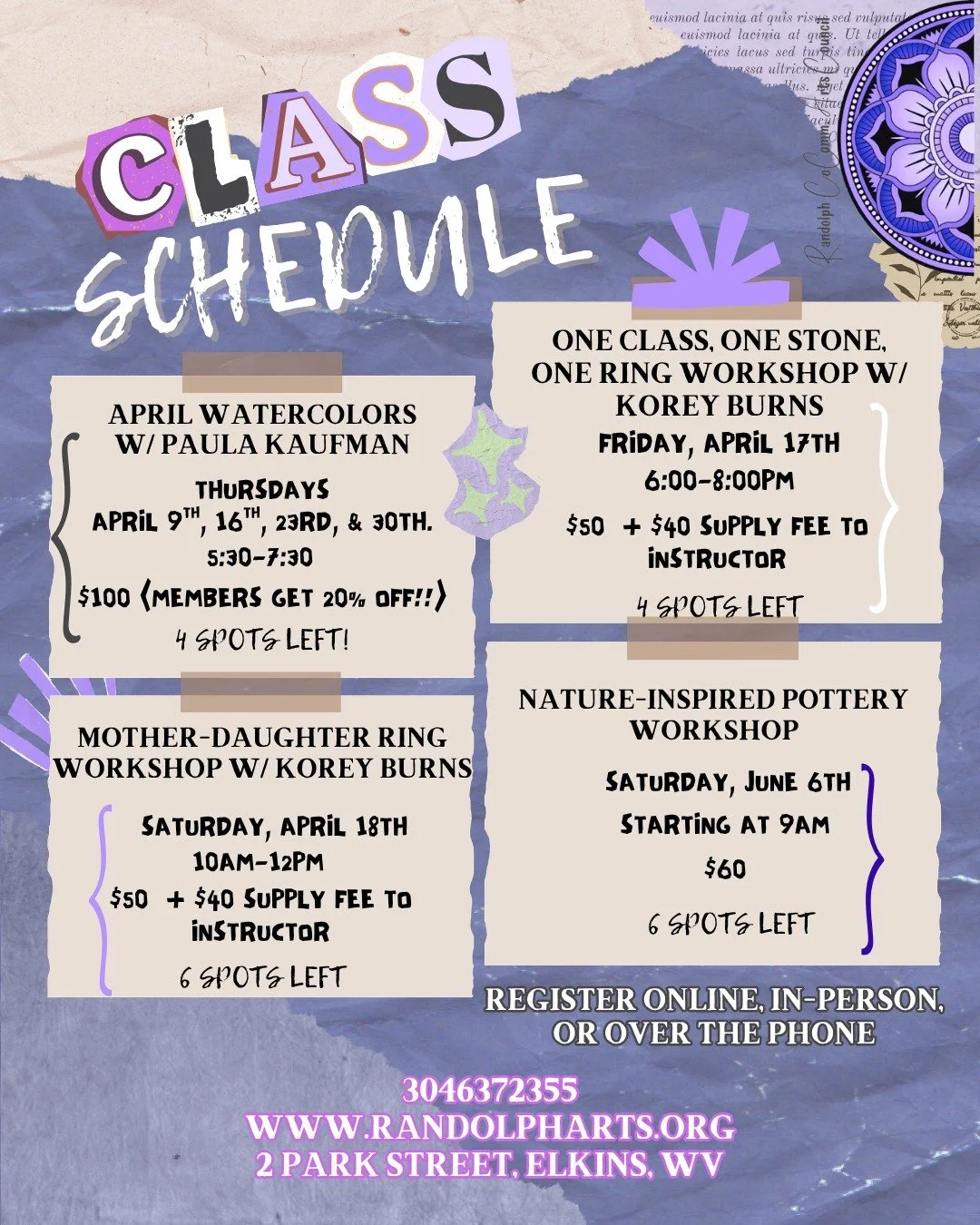 Looking for art classes with professional artists?👀 Look no further!🎨 

🖌️ Whether you're interested in picking up a brush, playing with some clay, or silversmithing a custom ring - we've got you covered! 

🚨 Spots are limited, and time is short 