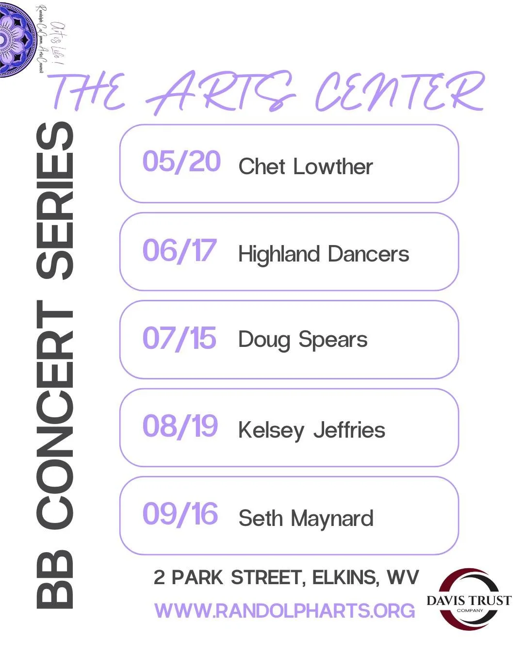 📆 Mark your calendars; May - Sept. 2026 Brown Bag Concert schedule at The Arts Center! 🎶 

 Take a break in the middle of your day and join us for a Brown Bag Concert at The Arts Center! Bring your lunch, grab a friend, and enjoy live music in a re