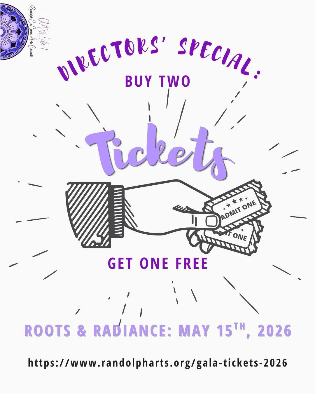 🎟️🖼️ A deal you can't pass up, for an unforgettable evening that you don't want to miss 🎨✨️ 

Now announcing the Directors' Special: Buy 2 Roots &amp; Radiance tickets, get 1 💥FREE!💥 

Tickets can be purchased on our website (bio), or you can st