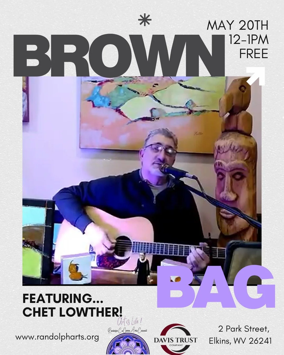 ONE WEEK AWAY: Take a lunch break you won't forget at our May Brown Bag Concert 🎶🤩 

Join us during the lunch hour (12-1pm) on May 20th to hear the musical stylings of Chet Lowther! &ldquo;As far as a description of my music, I think it would best 