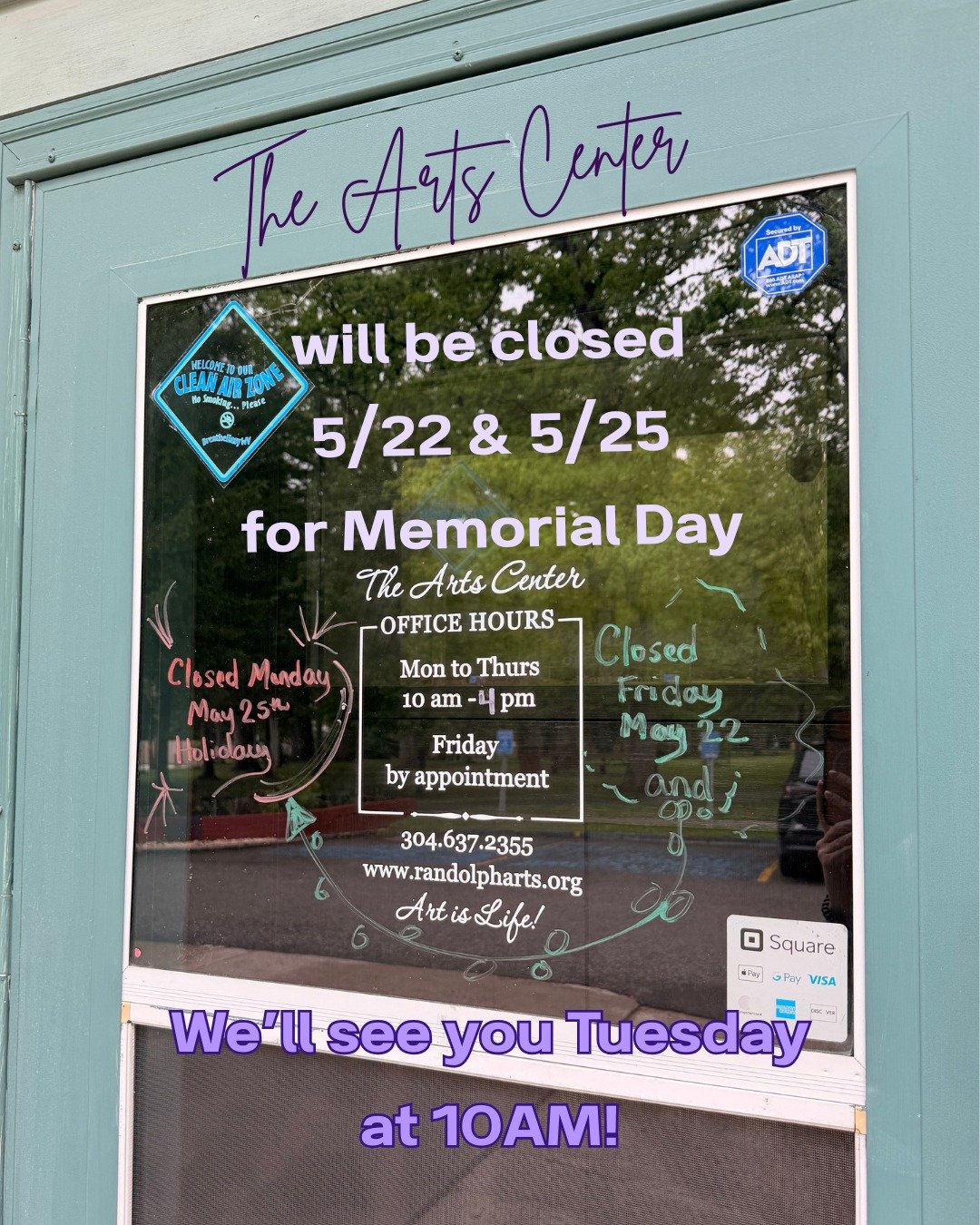 The Arts Center will be closed on Friday, May 22nd, and Monday, May 25th in observance of Memorial Day. 

We'll see you Tuesday, May 26th, at 10AM! ✨️ 

#artselkins #MemorialDayWeekend