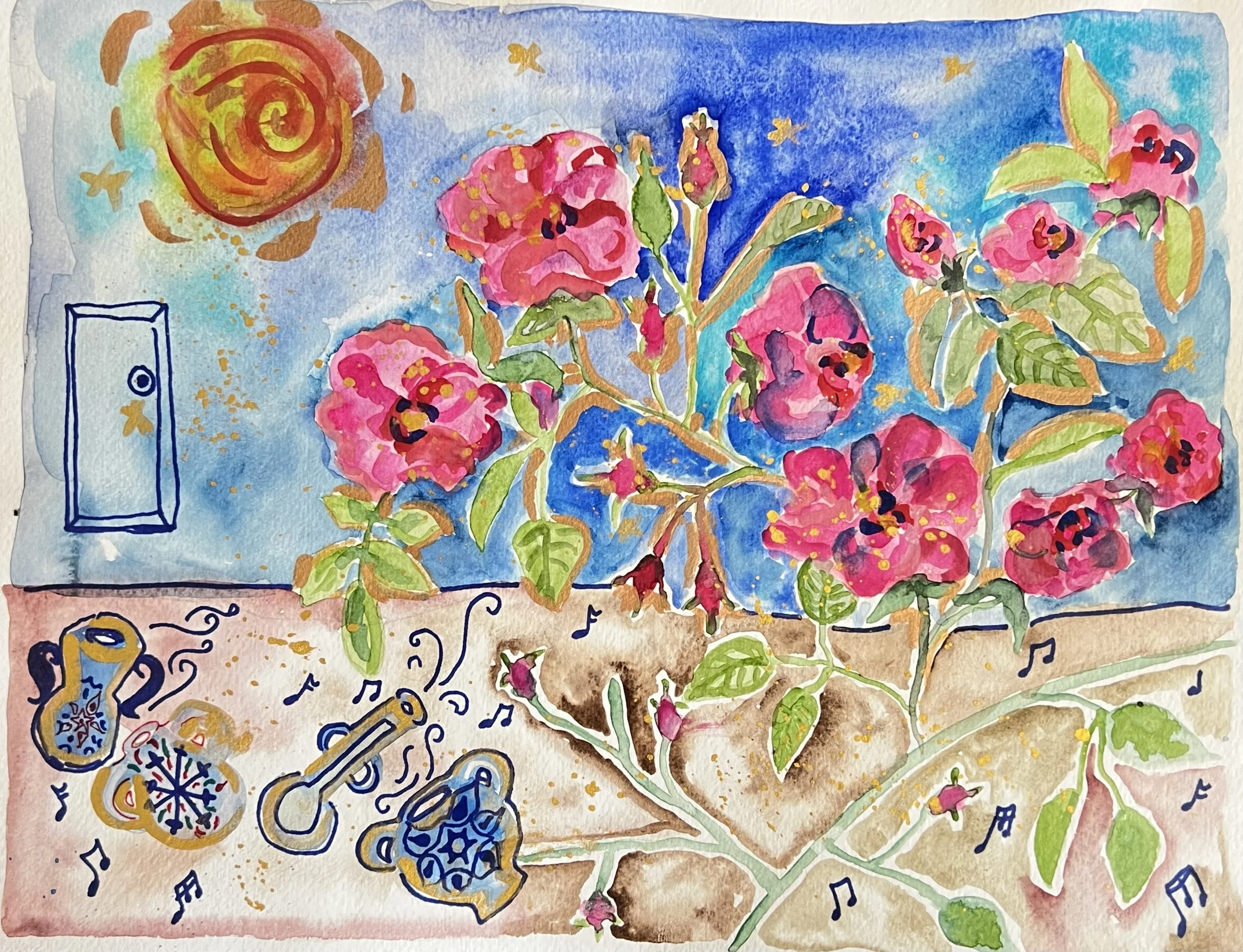 “The Blooming Hour, Damask Roses”, Watercolor
