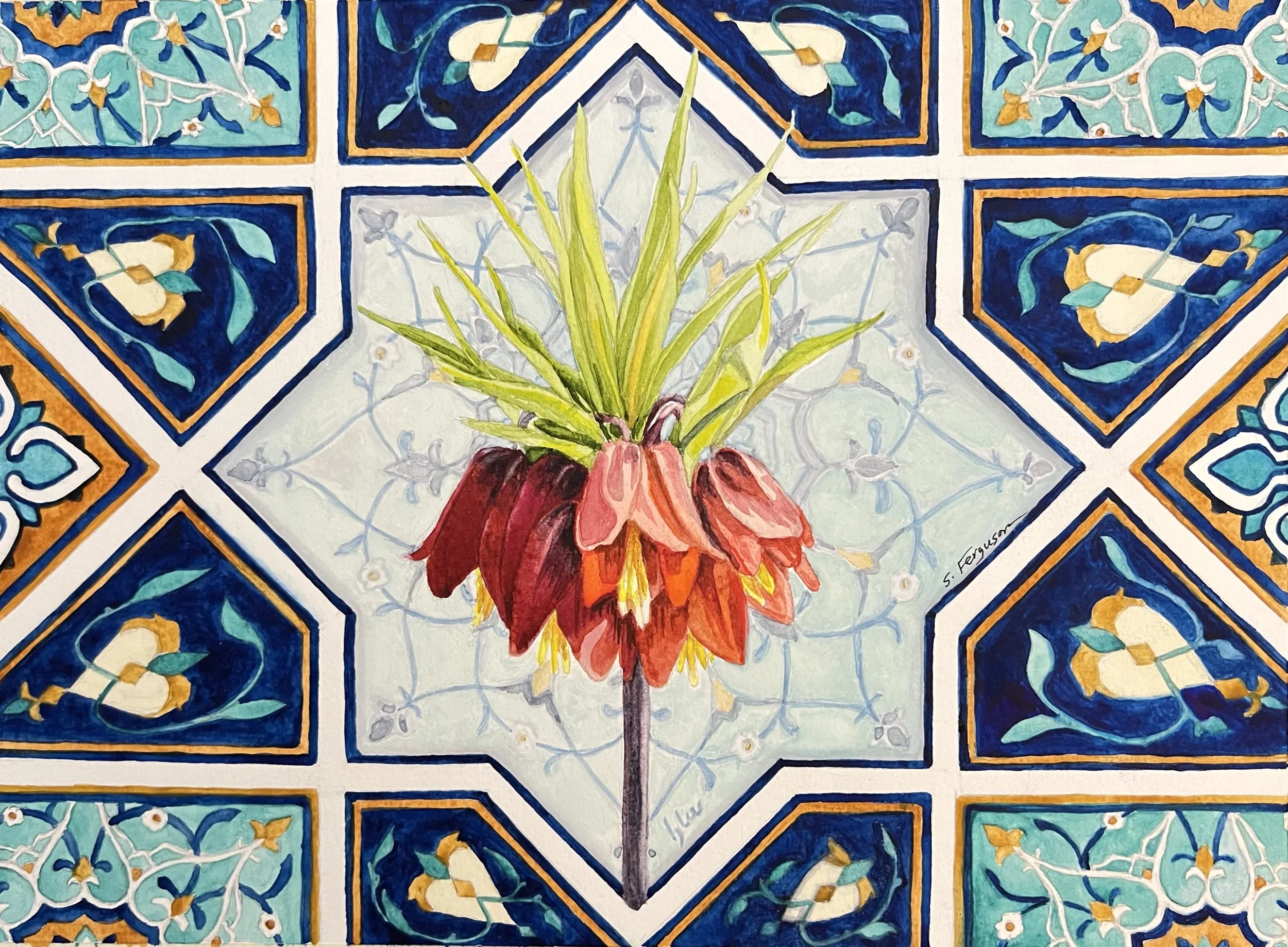 “Upside Down Tulip With Tiles”, watercolor